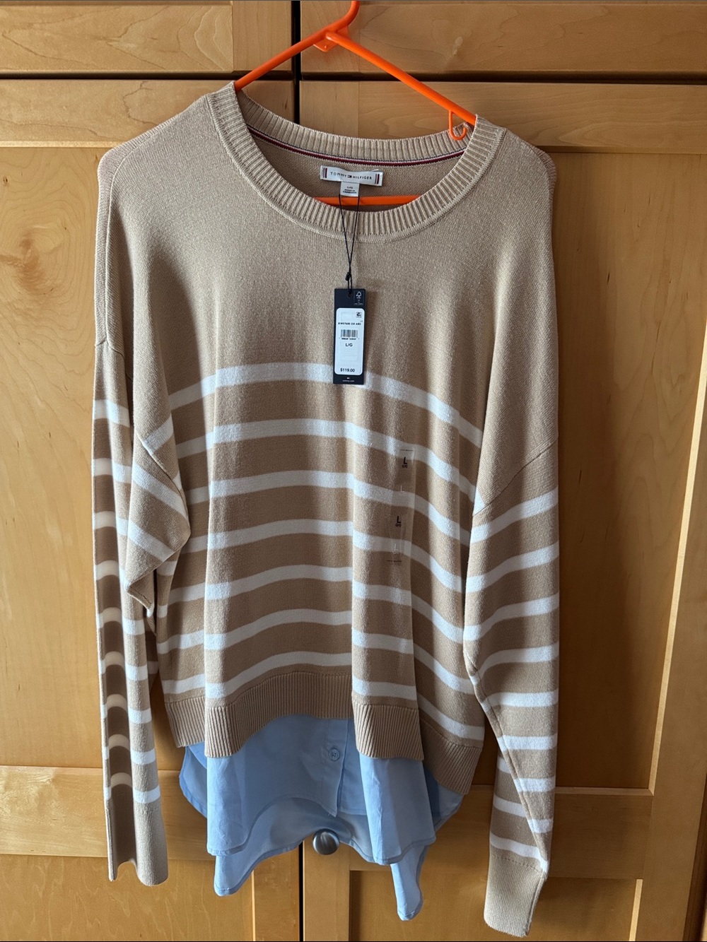 Beige Striped Crewneck Sweater with White Stripes - Women’s